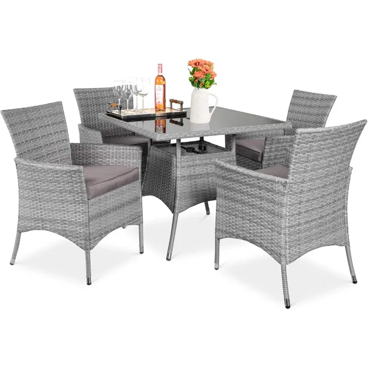 5-Piece Indoor Outdoor Wicker Dining Set Furniture for Patio, Backyard w/Square Glass Tabletop, Umbrella Cutout, 4 Chairs - Gray