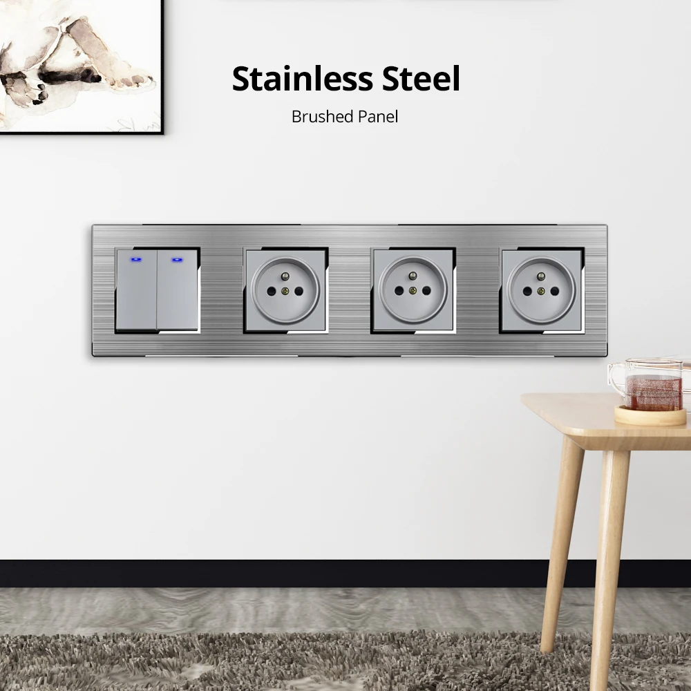 Wallpad Rvs Panel Muur Lichtschakelaar Met Led Indicator Eu Socket 1 2 3 Gang 2 Way Horizontale Verticale