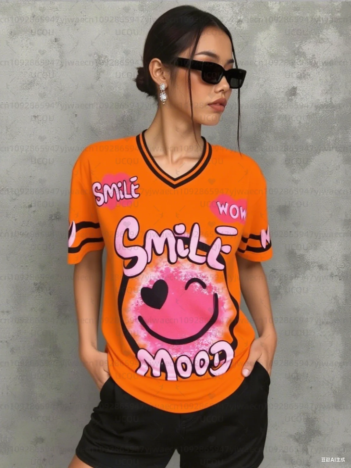 여성용 만화 패턴 프린트 V넥 반팔 티셔츠 여름 그래픽 티셔츠 야구 저지 플러스 사이즈 스포츠 티셔츠