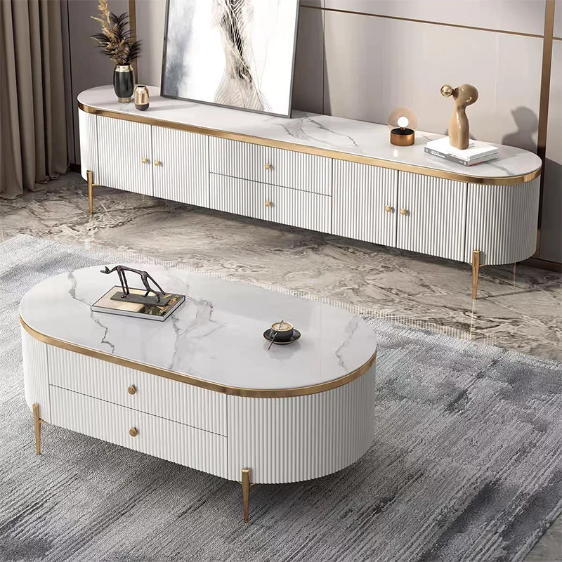-For Luxury Home White Wooden Tv Stands and Coffee Table Set Furniture Decor Wood Modern Slate Top Living Room Center Table&