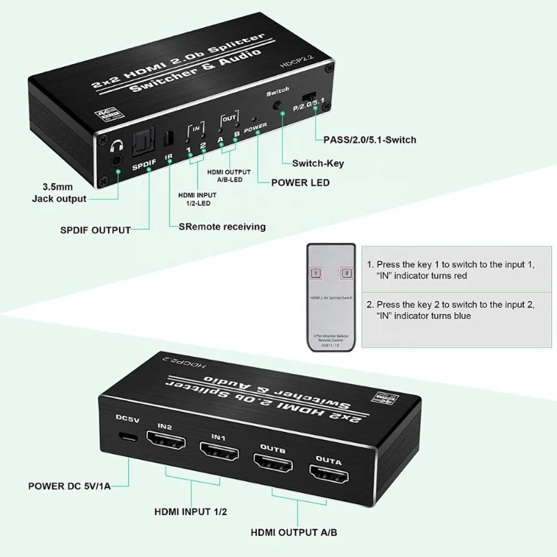 Conmutador divisor 4K HDMI2.0 2 en 2, 4K60hz con Toslink óptico escalar, SPDIF, Extractor de Audio de 3,5mm, HDR, HDCP 2,2, EDID