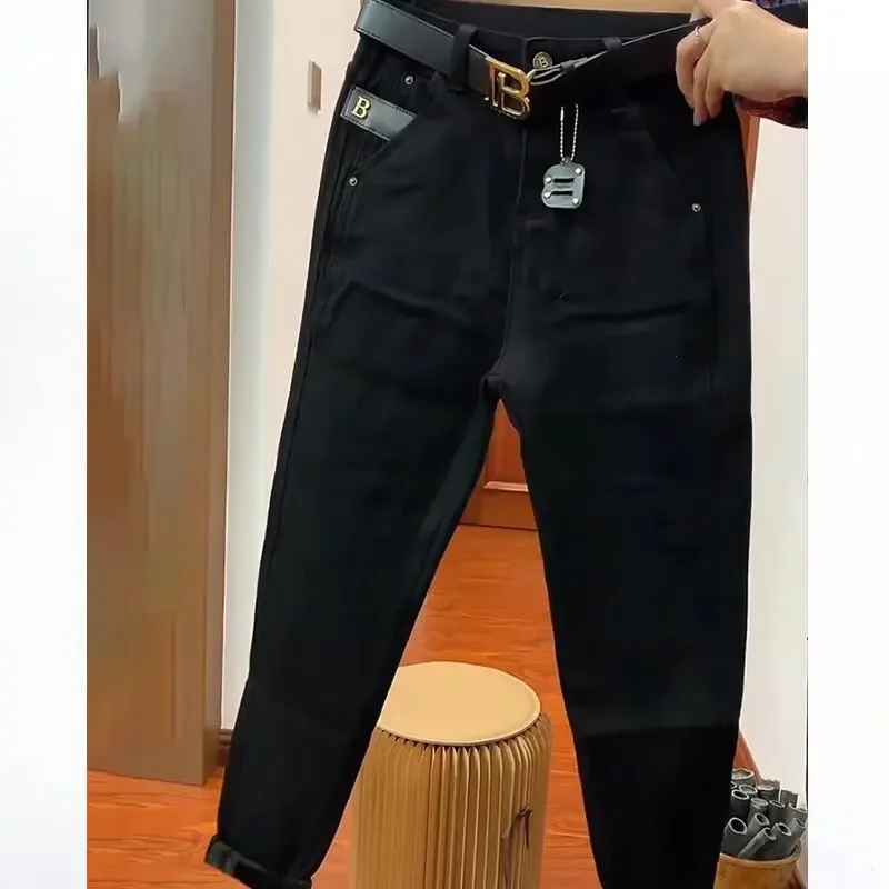 حجم كبير مبطن بالصوف الدنيم أبي السراويل النسائية فضفاضة تناسب الخريف الشتاء حجم كبير شقيقة التخسيس تسع نقاط سراويل هارلان #3