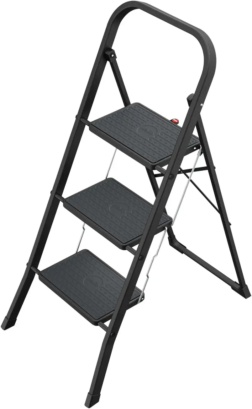 K44 StandardLine Klapptritt – 3-stufige Stahltrittleiter mit großen Stufen und Anti-Rutsch-Matten – Arbeitshöhe bis 2,69 m