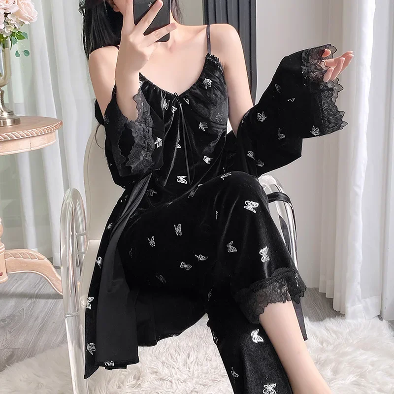 

Autumn Winter Velvet Female 3PCS Pajamas Set Loose Casual Velour Home Clothes Sexy Lace Trim Bathrobe Trouser Suits Lounge Wear