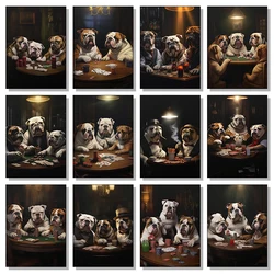 Animal Funny English Bulldog Playing Poker Smoke Bar Poster Print Wall Art Pictures Canvas Painting Living Room Home Decor Gift