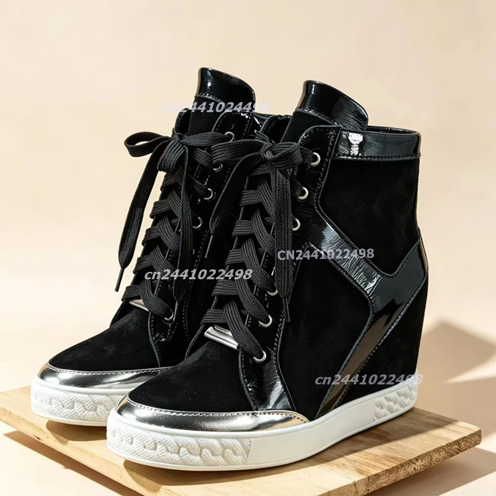Faux0Suede0Wedge0Ankle0Boots0Women0High0Top0Hidden0Heel0Patent0Leather0Metal0Toe0Lace0Up0Color0Block0Height0Increasing0Footwear