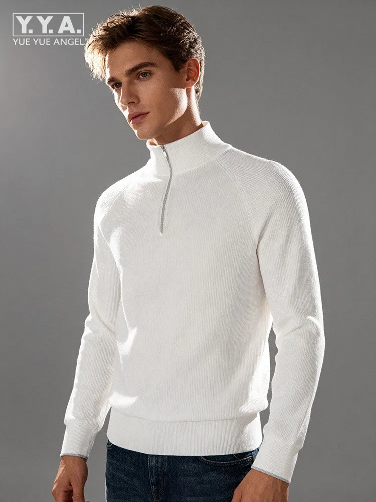 

Beige White Fashion Casual Mens Half Zip Long Sleeves Sweater Tops Slim Fit Pullover Jumpers Knitted Sweater Men Autumn Winter