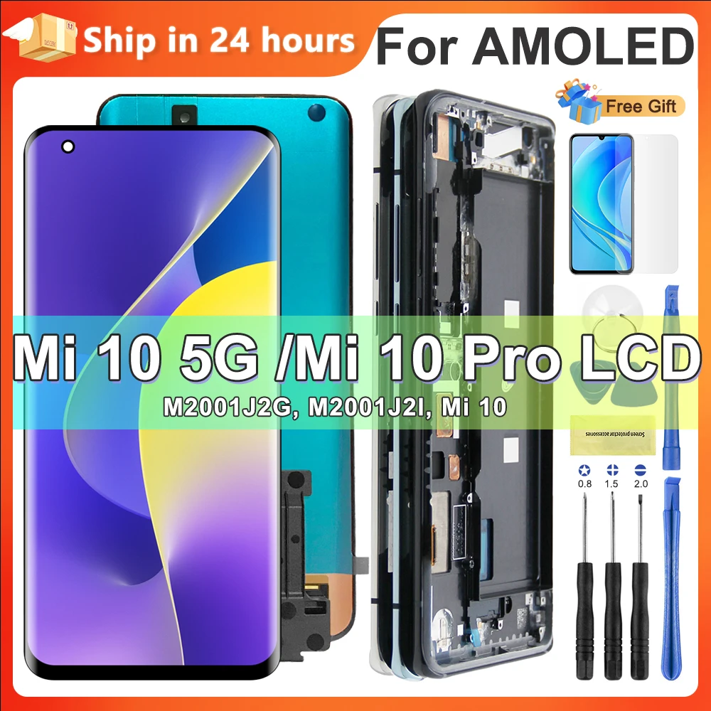 AMOLED For Xiaomi Mi 10 5G LCD Display with Frame Touch Screen Digiziter Assembly For Xiaomi Mi 10 Pro 5G Display Replacement