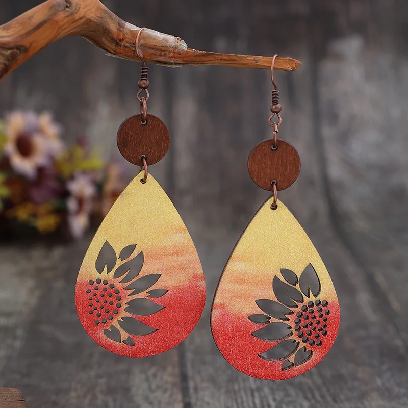 New Arrival Retro Style Teardrop Hollow Sunflower Double-sided Wooden Charm Women's Earrings Wholesale