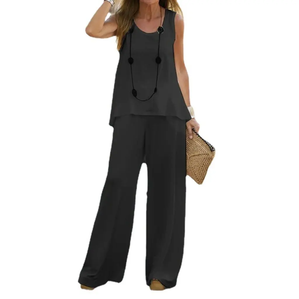 

Summer Casual Women's Two-Piece Suit Printed Sleeveless Top with Elastic High Waist Pants Fashion