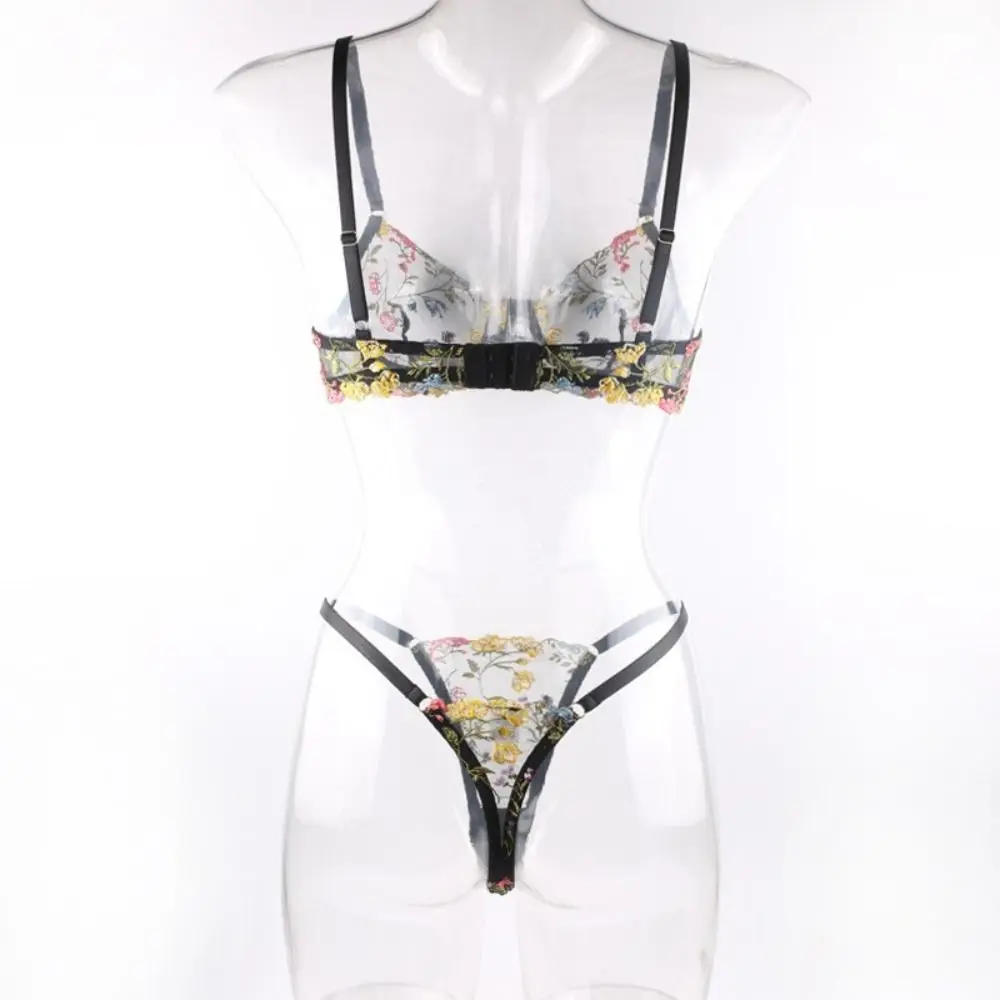 2-Piece Embroidery Lingerie Set Sexy Floral Sheer Wireless Bra Boho Bra Panty Set