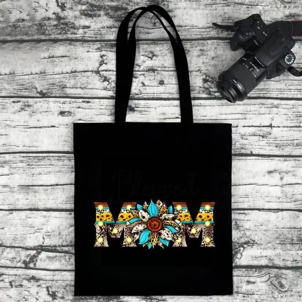 Blessed Mom Boho Mandala Canvas Tote Bag with Makeup Pouch Set Women Reusable Shopping Handbag for Mother Day Gift Wrap
