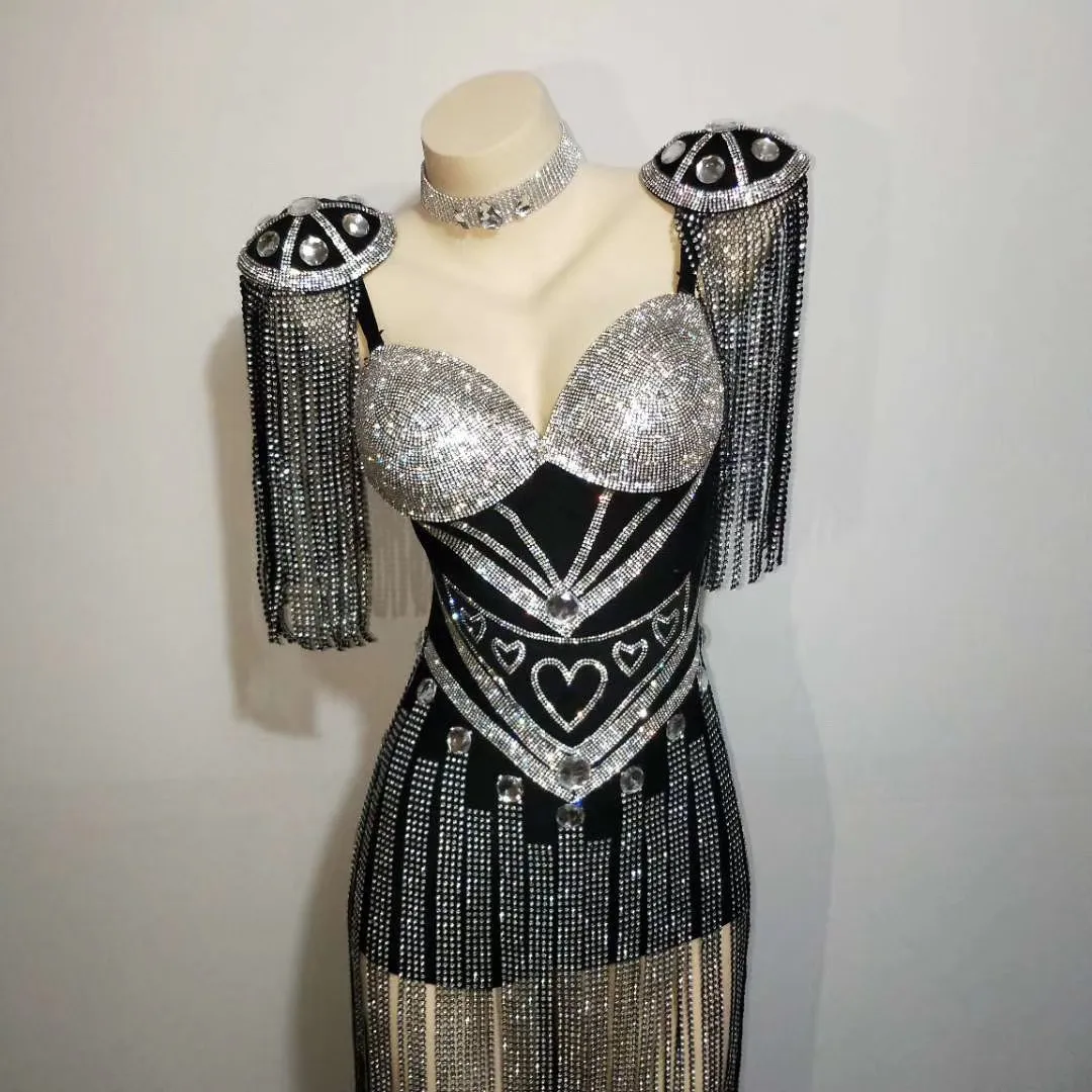 Body negro brillante con lentejuelas y diamantes de imitación para mujer, traje Sexy con borlas largas, traje de escenario para Pole Dance, ropa de fiesta para Bar y Club