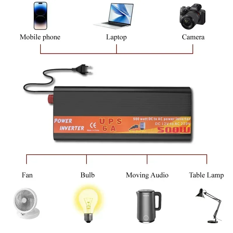 UPS Power Inverter 500W for Home Car Battery Charging Inversor DC 12V to AC 220V Modified Wave Inverter with Battery Charger