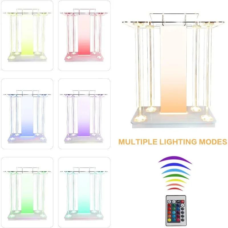 Church Pulpit with Wheels LED Acrylic Church Podium with Rollers& Vertical Reading Platform Lecterns for Classroom