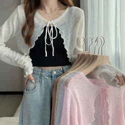 Summer Fashion Lace-up Smock Cardigan Women Solid Color Long Sleeve Thin Sunscreen Shirt