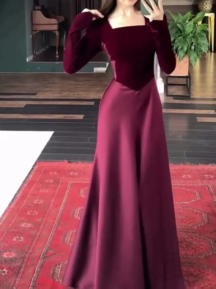 Fall Bandage Slim Dress Vintage Elegant Color Blocked Long Sleeve Dress Temperament Square Collar High Waist Satin Evening Dress