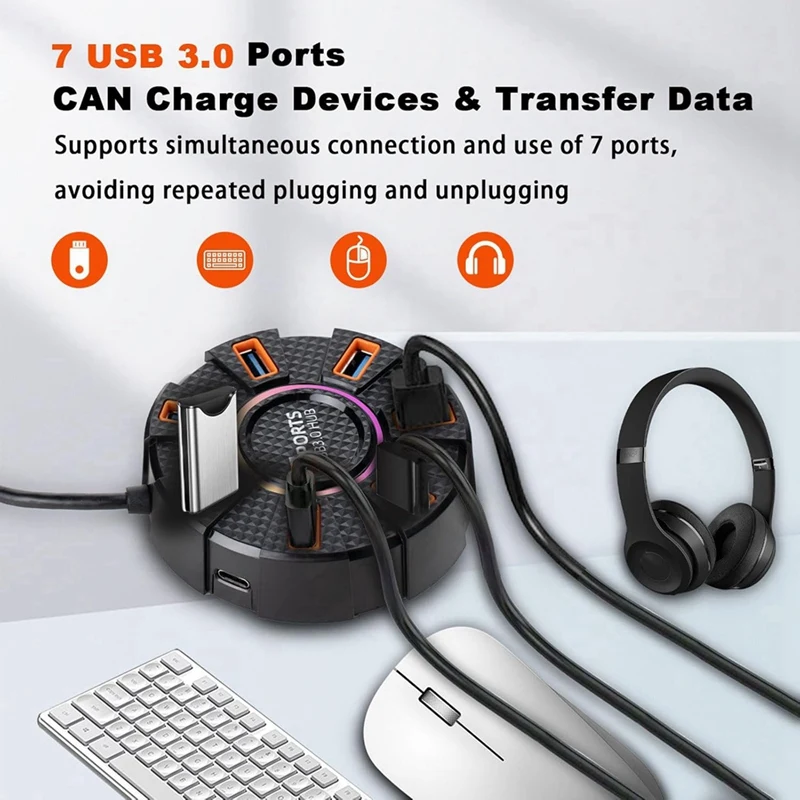 

7 Ports USB Hub Multiport USB 3.0 Hub Splitter, USB Adapter Extender for Laptop, Desktop, PC, Car, Game Console-ABVP
