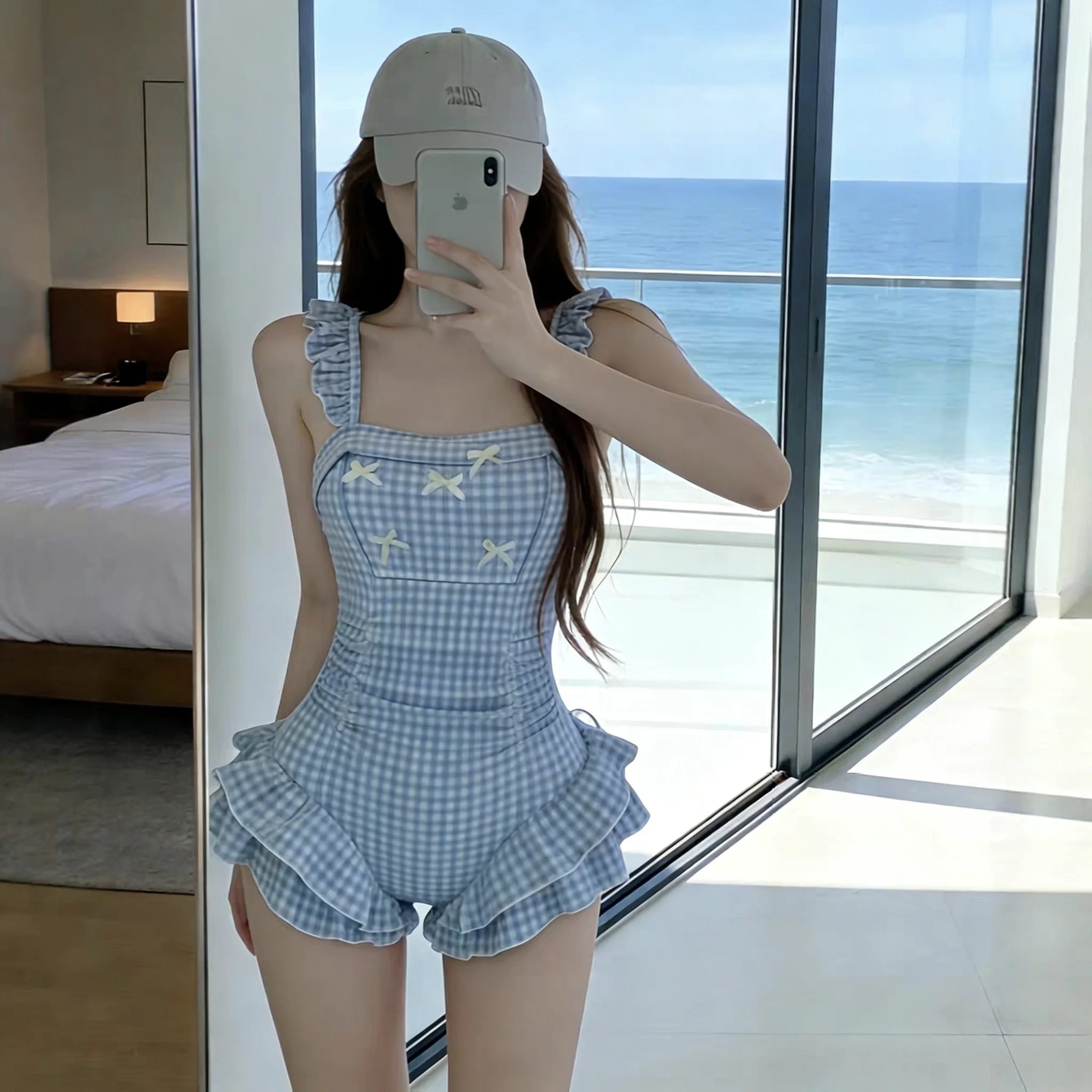 

New Pure Desire Sexy Blue Plaid One-Piece Swimsuit Women's Conservative Belly Covering Slimming Hot Spring Swimsuit Student