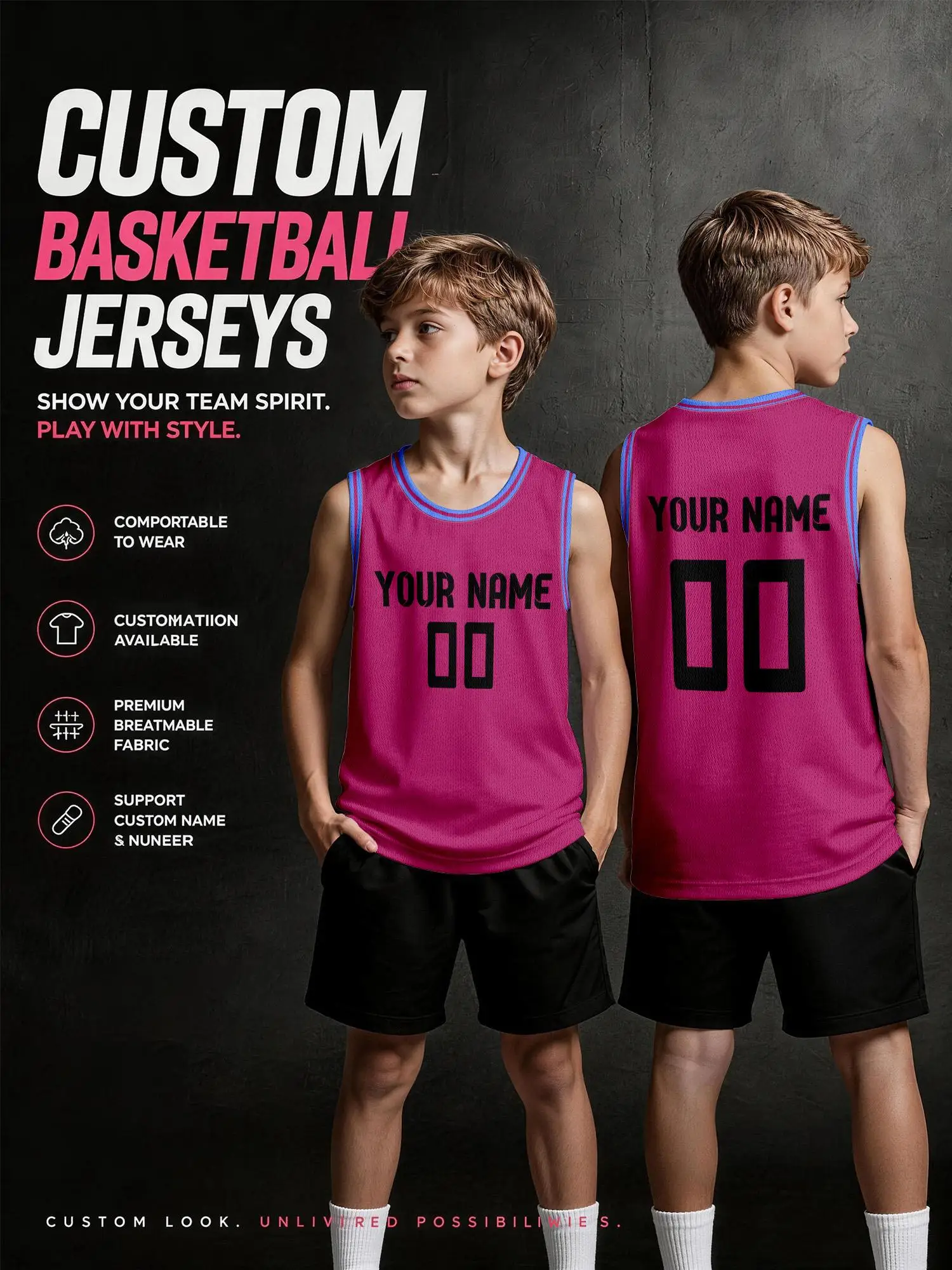 Fuchsia Light‑Blue Trim Custom Basketball Jersey Set, Breathable Quick‑Dry Uniform for Kids Adults, Print Name Number