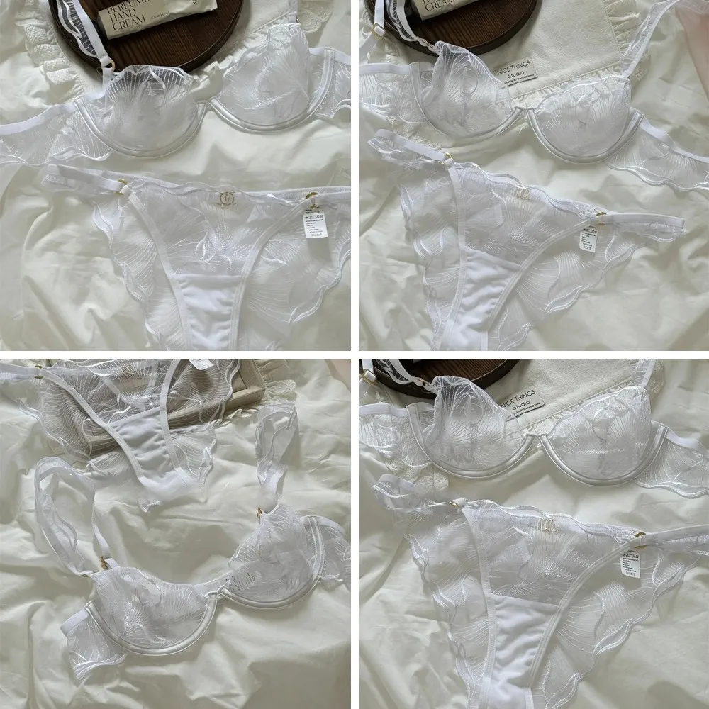 

Vintage White Lace Embroidery Sexy Lingerie Set with Upturned Bra & Briefs for Women