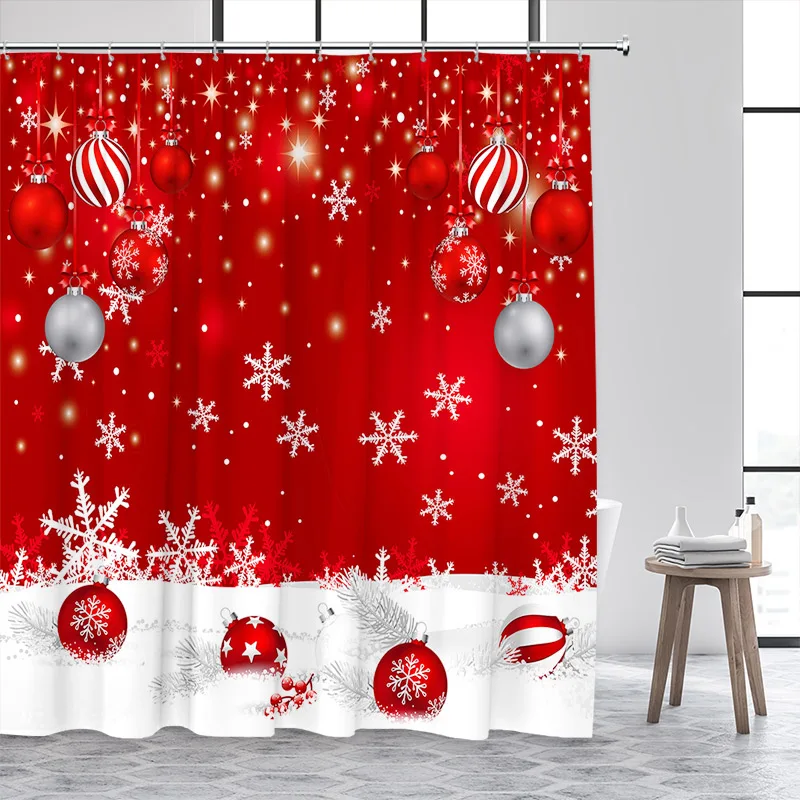 Red Christmas Shower Curtains Silver Pine Bough Xmas Balls Gold Stars New Year Home Bathroom Decor Bath Curtain Set With Hooks