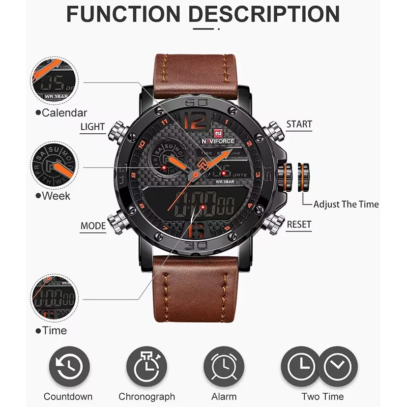 NAVIFORCE To Luxury Brand Mens Quartz Watches Leather Sports Watches Men\'s LED Digital Clock Waterproof Military Wrist Watch