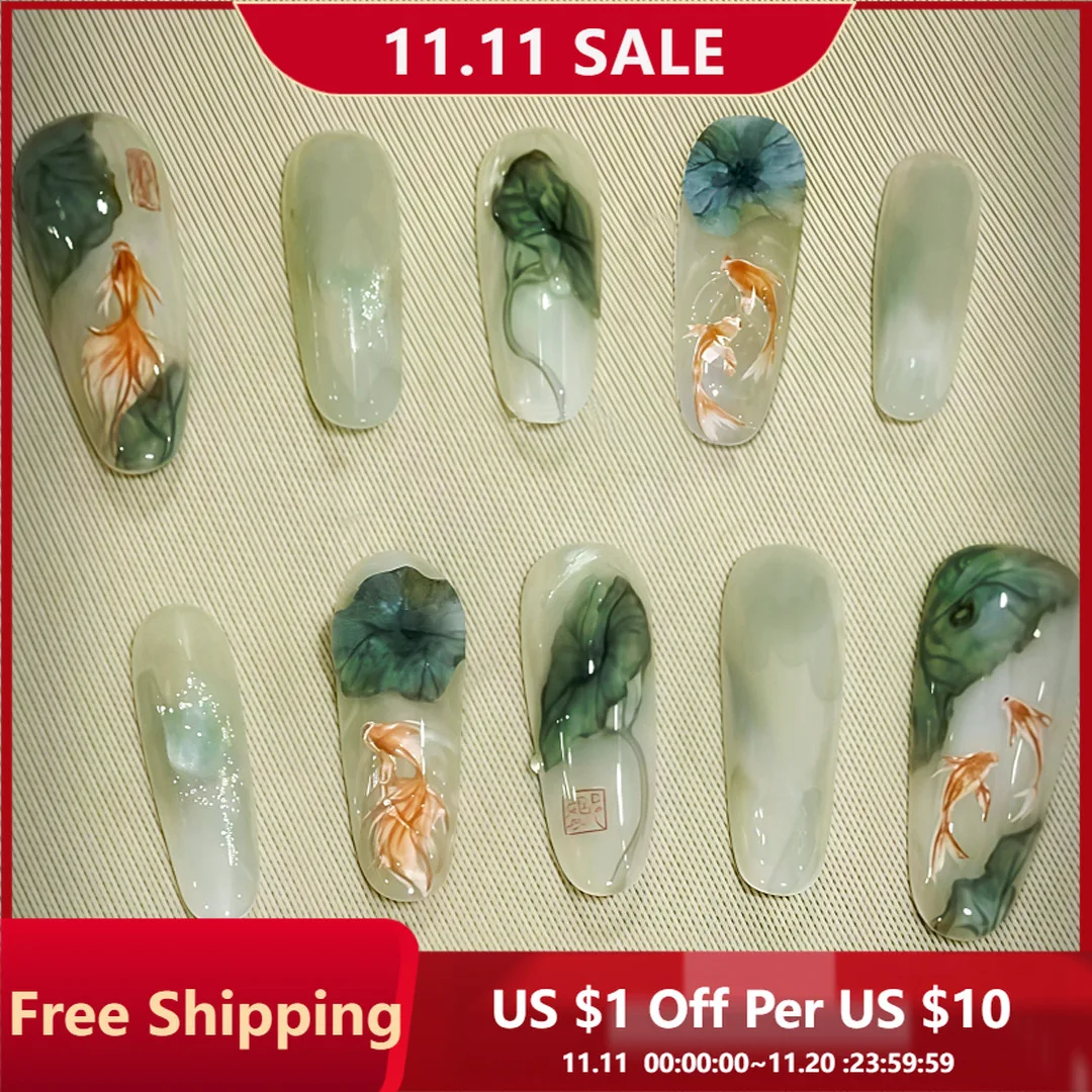 

10 шт./компл. глянцевые длинные накладные ногти с рисунком рыбы и цветка лотоса, многоразовые накладные ногти для женщин и девочек