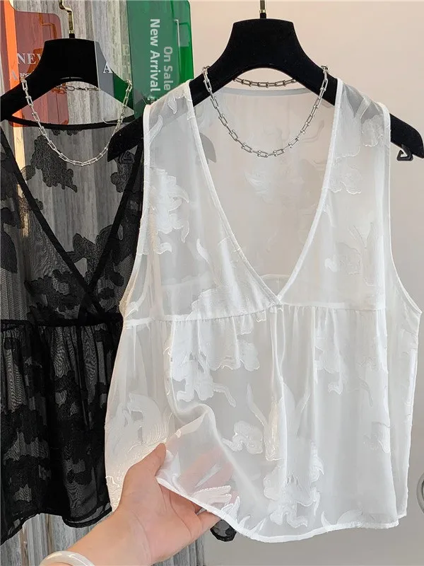 

Silk Trimmed Floral Cut-Out V-Ne Vest Women's Summer Loose Doll Version Layering Top Casual Versatile Faionable