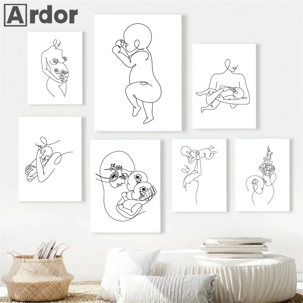 Abstract Mother and Child Wall Art Painting Baby Body Line Drawing Art Print Pregnant Women Poster Minimalist Picture Home Decor