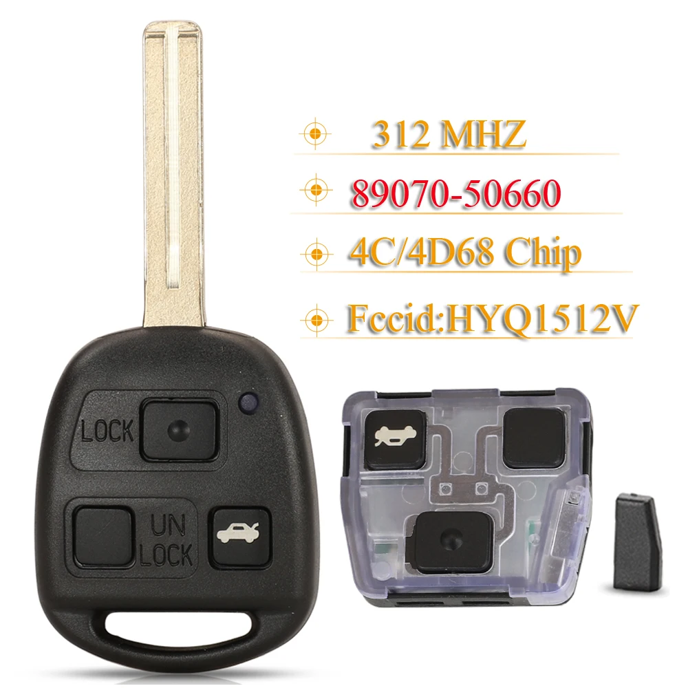 Jingyuqin 89070-50660 3 Buttons Remote Control Car Key Fob HYQ1512V 312Mhz 4C/4D68 Chip For Lexus IS300 GS300 GS430 89070 50660