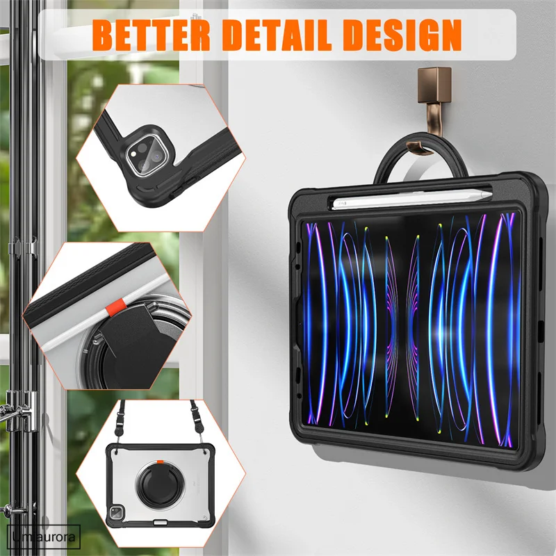 For IPad Air 4 5 10.9 Mini 6 Pro 11 12.9 13 inch M2 M4 2024 Tablet Case 360 Rotation Hand Ring Stand Strap Kid Shockproof Cover