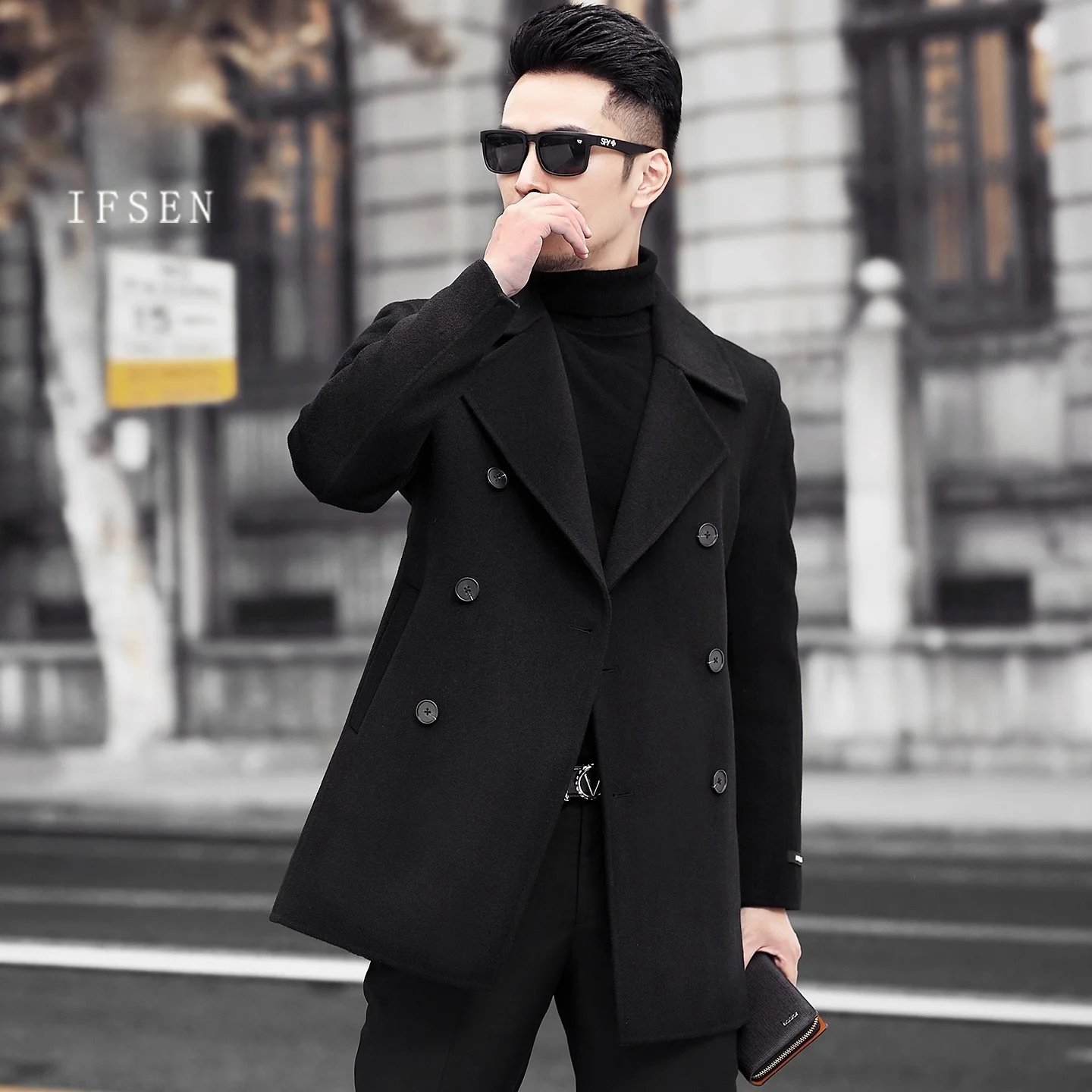 

IFSEN Men's Woolen Jaet Busin Casual Sle Single-breasted Coat Faionable Suit Collar Mid-length Wool 00% Youth
