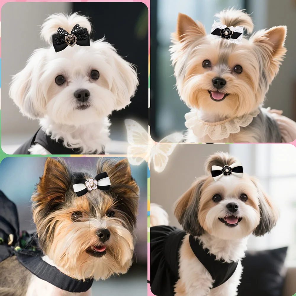 10PCS Dog Bows Wirh Metal Clips Black Style Luxury Pearl Puppy Bows Hair Accessories For Dogs Handmade Pet Small Dog Bowknots