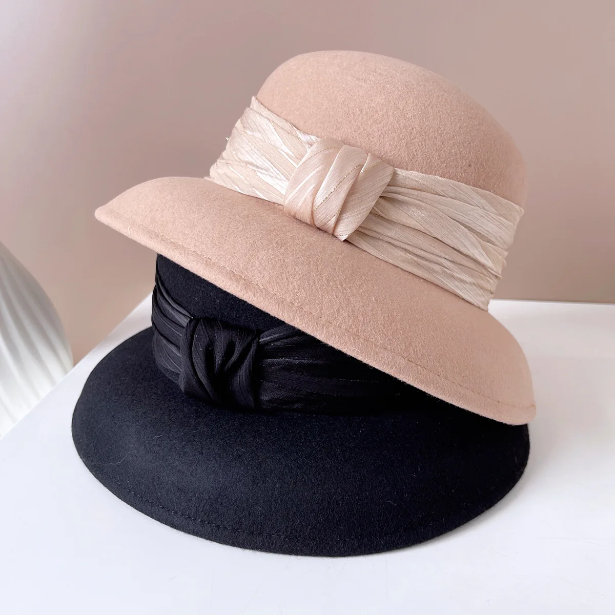 100% French vintage wool lampshade hat Ladies fashion pleated tulle bow top hat Elegant Hepburn style basin hat