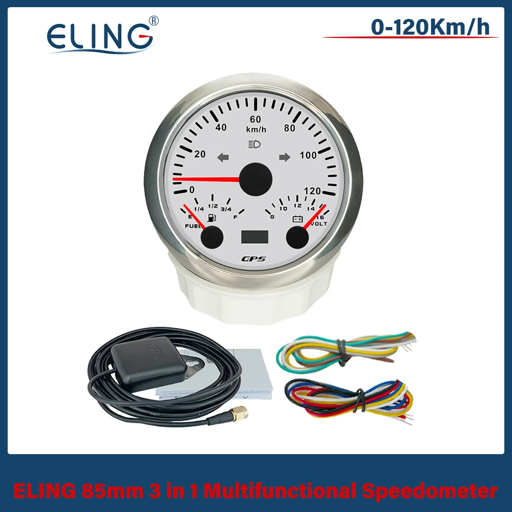 

ELING 85mm 3 in 1 Multifunctional 120km/h 200MPH GPS Speedometer with Fuel Level 8-16V Voltmeter 7 Colors Backlight for Car Boat