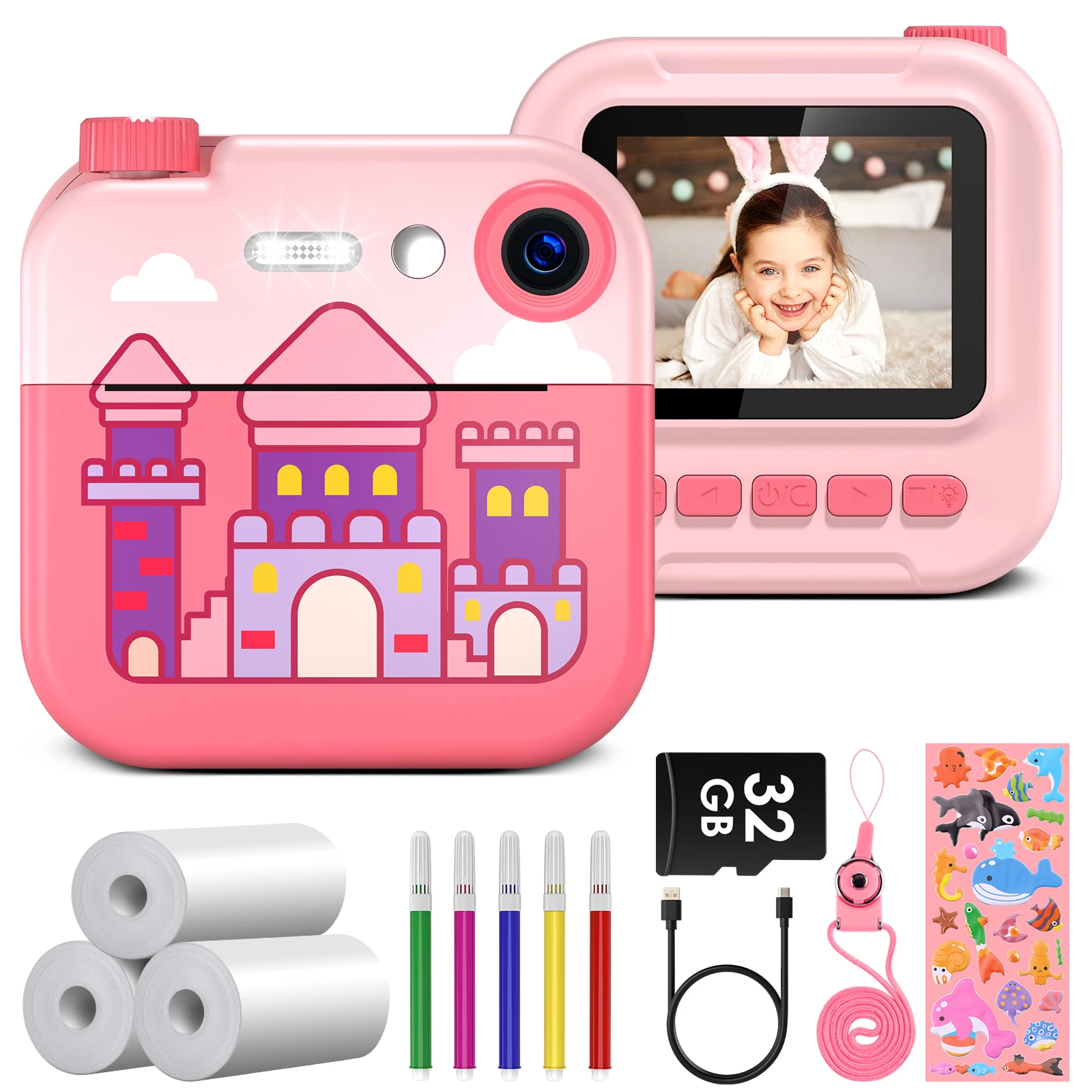 Gofunly Instant Print Camera For Kids 130W Pixel Digital Camera Toy 3-calowy termowizyjny aparat z kartą 32GB Prezent dla 6-12 lat