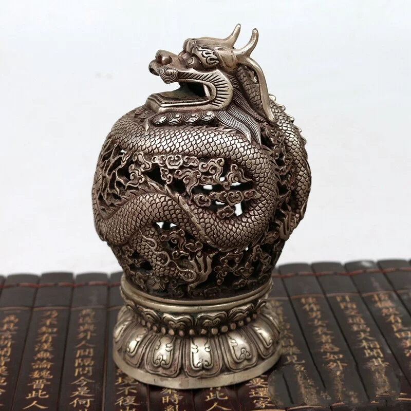 Vintage Silver Plated White Copper Dragon Incense Burner Xuande Style Hollow Censer Home Aroma Ornament Curio Collectible Decor