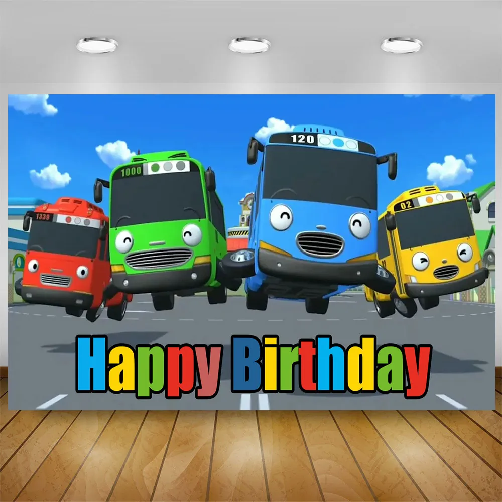 Cartoon The Tayoes Little Bus Theme Kid Birthday Party Boys Newborn Kid 1st Background Toy Bus Station Banner Photo Studio Props