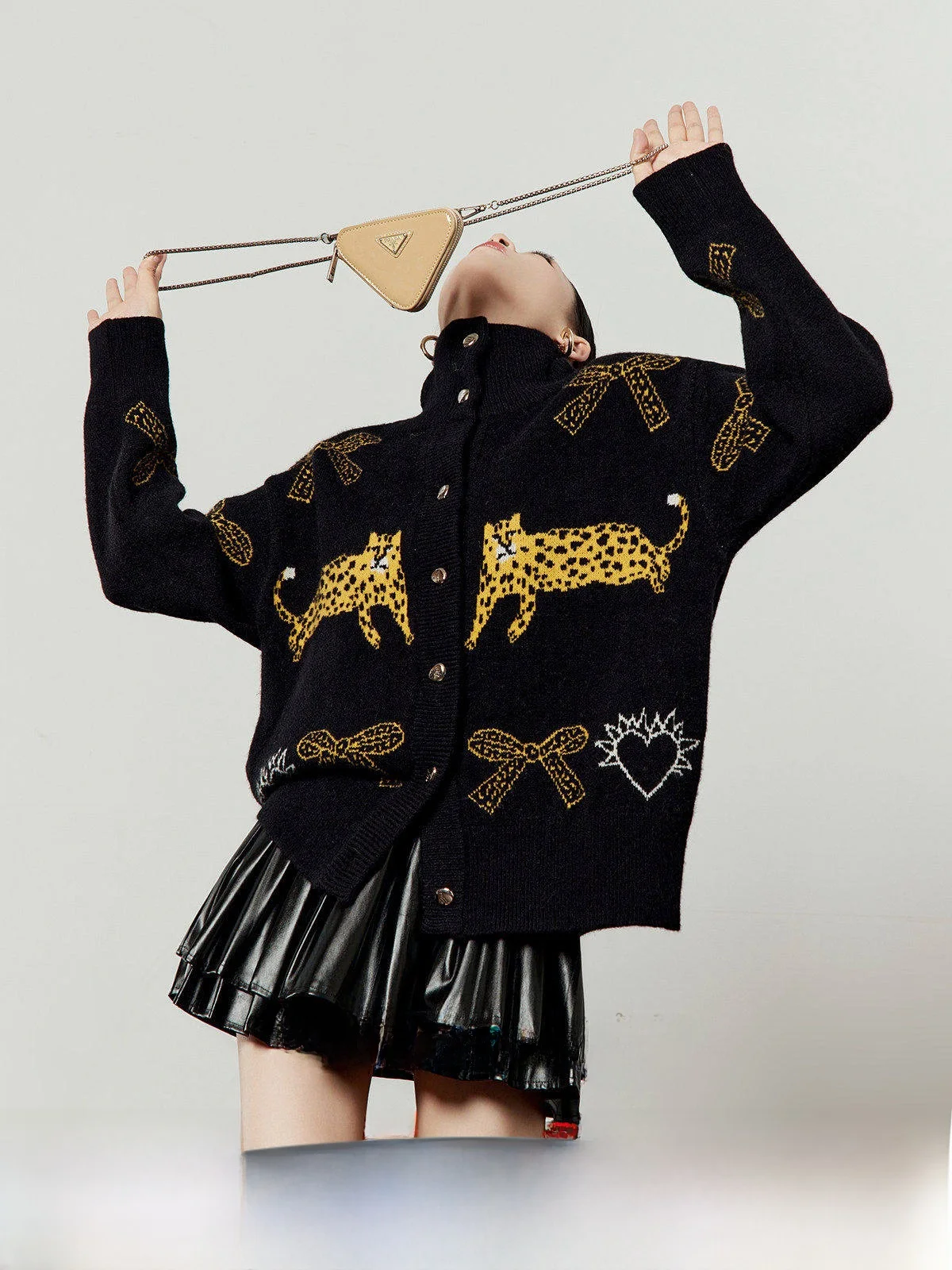 

Black Open Cardigan Women's Loose Knitted Jacket Stand Collar Long Sleeve Autumn Winter Fashion Casual Style Two-Piece Set