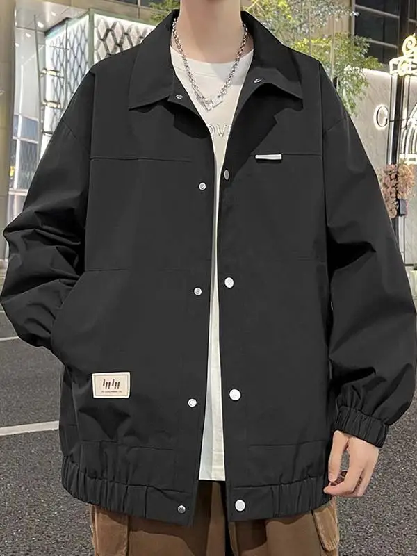 

Retro Hong Kong Sle Loose Casual Jaet for Men Spring Autumn Pure Color Collarl Youth Trendy All-Match Outerwear