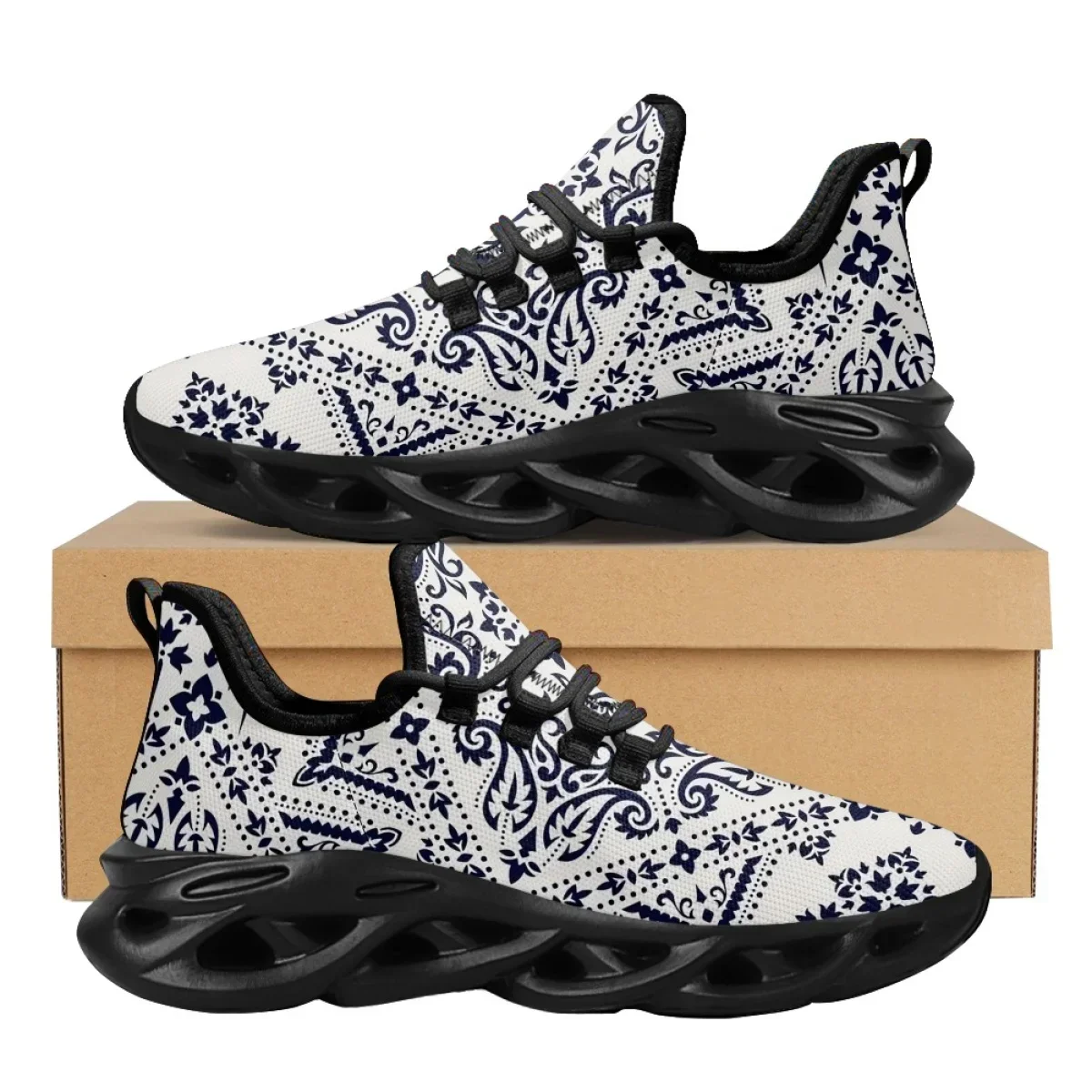 

Custom 2023 New Tribal Style Platform Shoes Rectangular Bandana Print Women Mesh Knit Sneakers Lightweight Lace-up Flats
