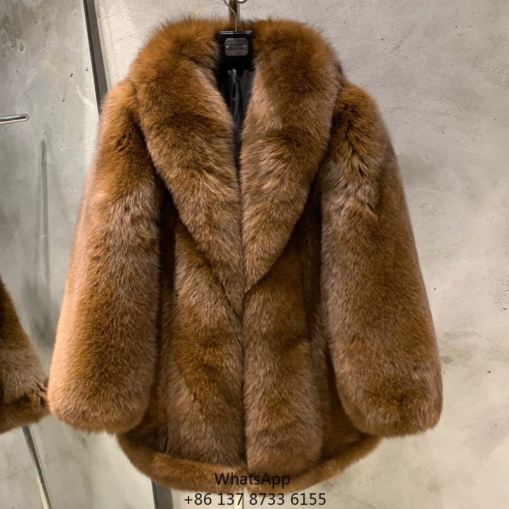 

Зимнее пушистое меховое пальто для женщин: роскошное, теплое, из натурального меха лисы, коричневое