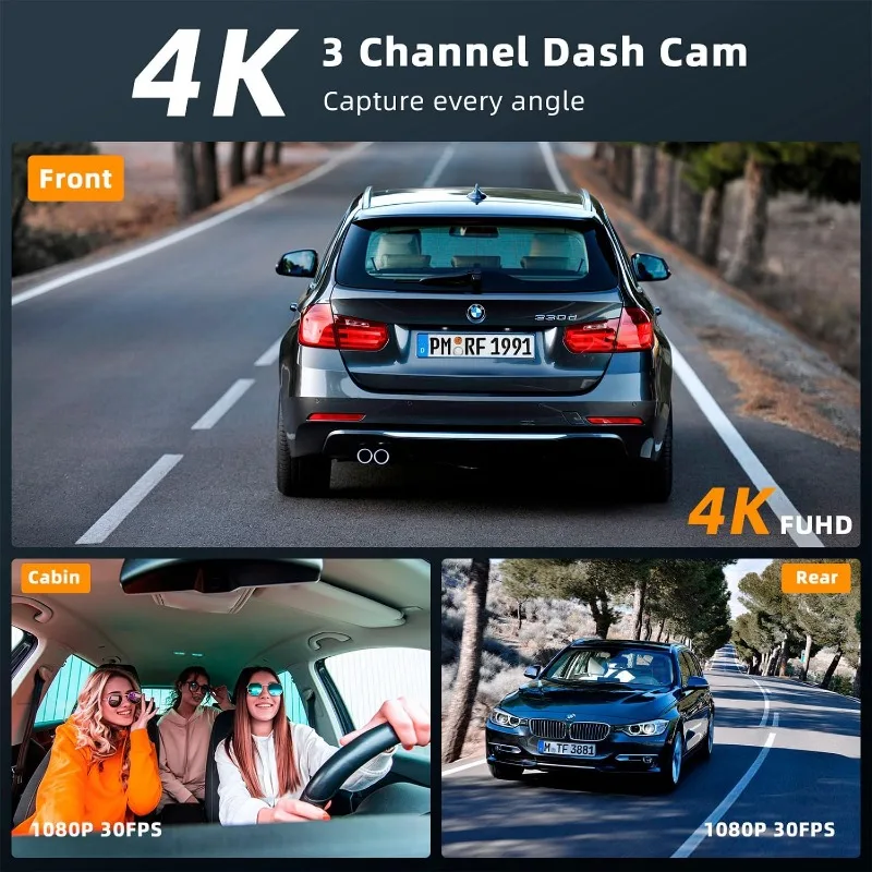 3 Channel 5G WiFi Dash Cam, 64GB SD Card, Starvis 2 Super Night Vision, 4K+1080P+1080P Front Inside and Rear Car Camera,