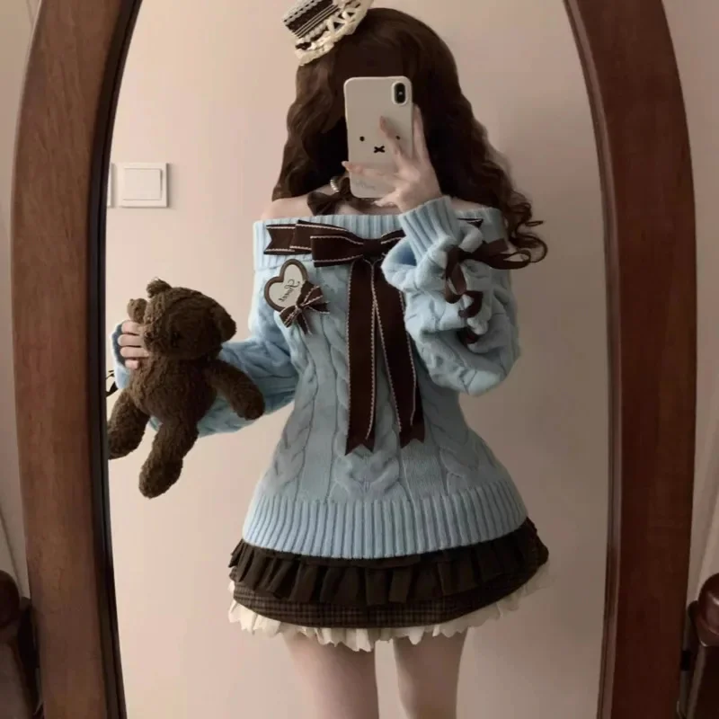 خمر القوس متماسكة Y2K سترة المرأة الحلو خارج الكتف البلوز الوردي الأحمر تريكو لطيف الخريف الشتاء الزي مجموعة لينة أعلى جديد