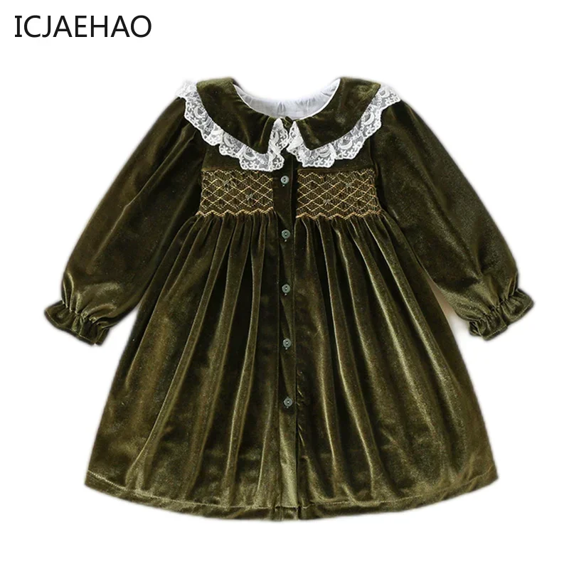 

Winter Christmas Smocked Baby Girls Dresses Boutique Kids Children Clothes Green Flannel Velvet Knee Length Long Sleeve Dress