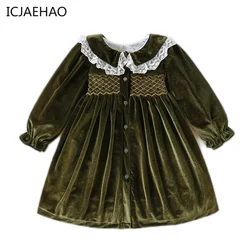 Winter Christmas Smocked Baby Girls Dresses Boutique Kids Children Clothes Green Flannel Velvet Knee Length Long Sleeve Dress