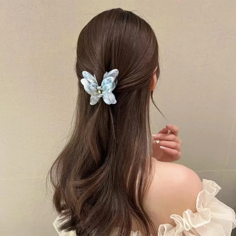 AISHG Marble Texture Double Layered Butterfly Grab Clip Korean Fashion Back Spoon Hair Clip Simple Elegant Girl Hair Accessory