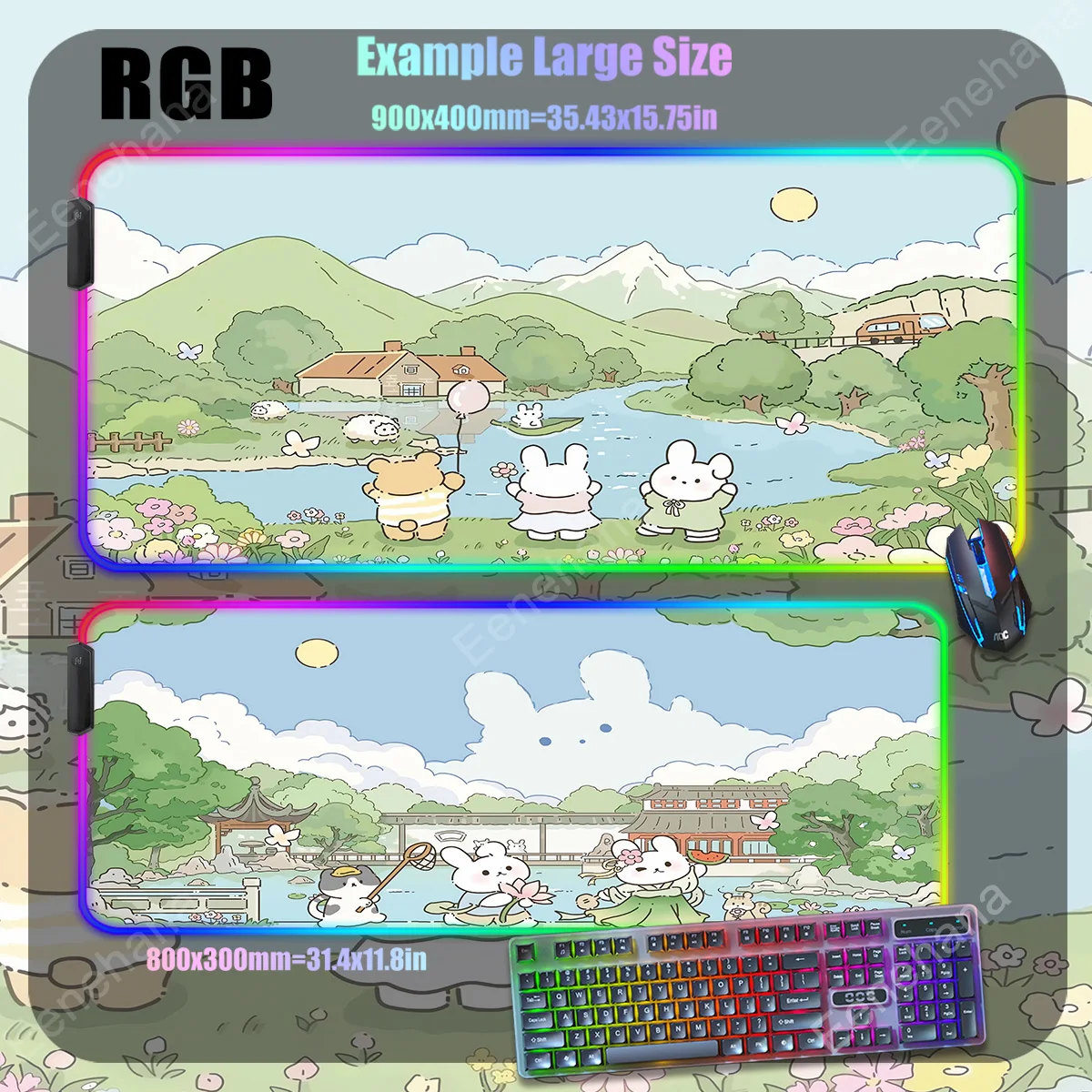 

RGB Large Backlight Mousepad HD Gaming Kawaii Bunny XXL Cute Plant Pad LED Locking Edge for Teen Girls Laptop Bedroom Desk Mat