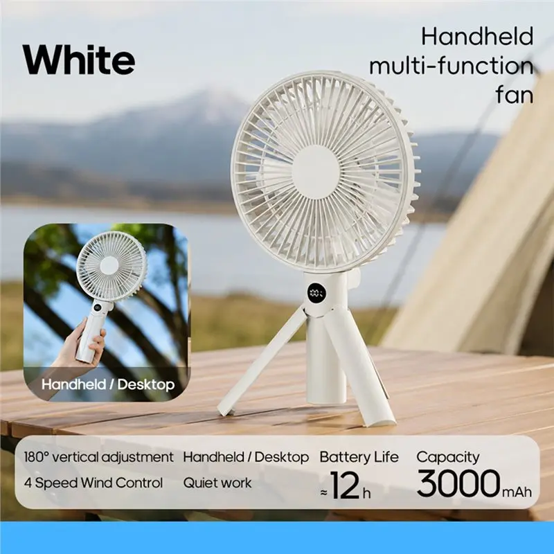 BABZ Foldable Tripod Handheld Fan 3000mAh 4-Speed Rechargeable, LED Digital Display Portable Fan for Outdoor Travel White